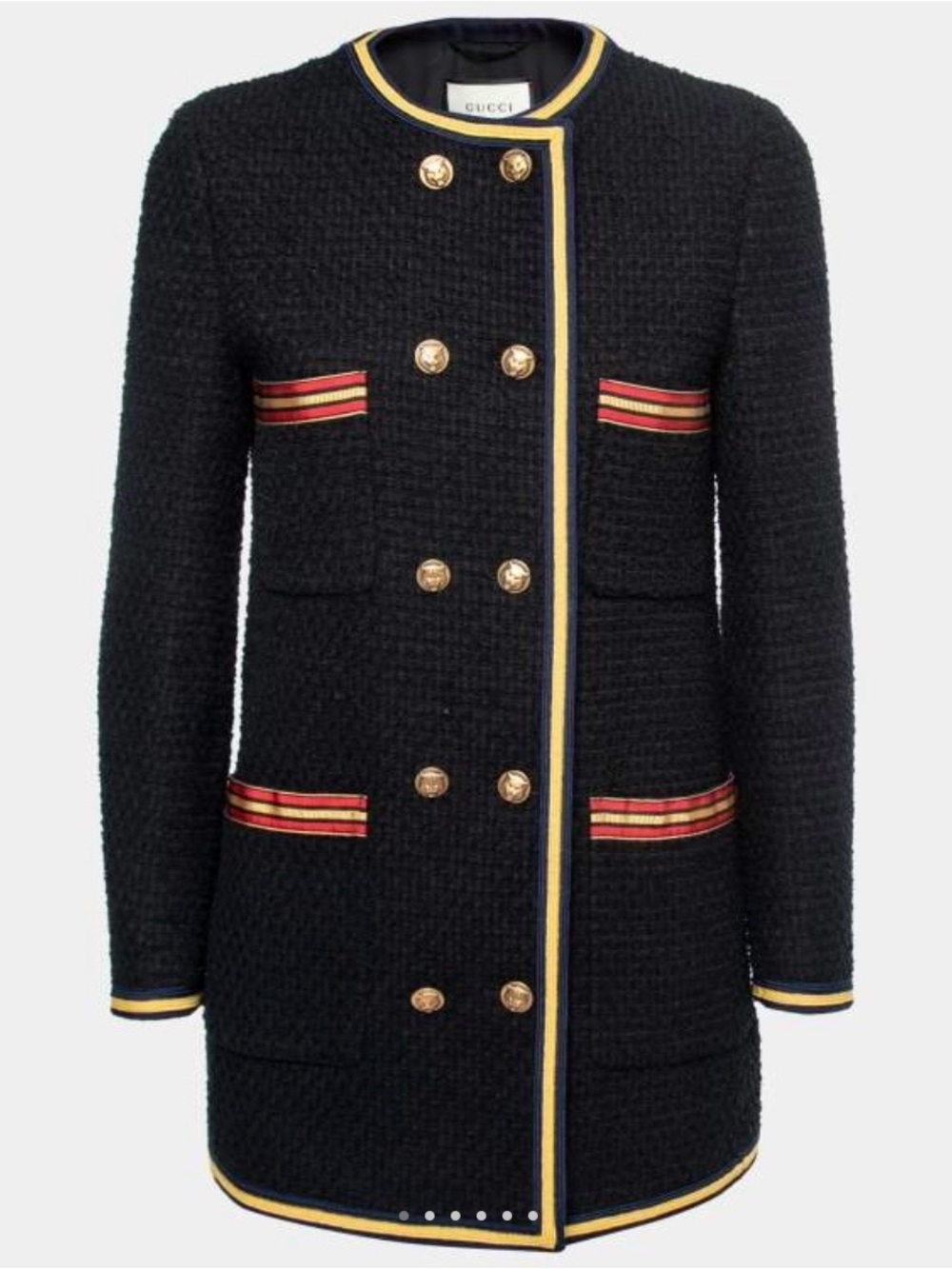 Gucci Black Bouclé Pea Coat with Gold Buttons and Red Stripe Trim